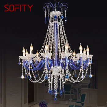 Подвесная лампа SOFITY из европейского хрусталя, лампа с голубой свечой, гостиная, ресторан, вилла, лестница, Двухуровневое здание, Канделябр KTV