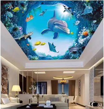 Пользовательские фото 3d потолочные фрески обои Океанская пещера кит дельфин рыба коралл гостиная 3d настенные фрески обои для стен 3 d