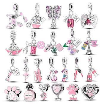 Посеребренные подвески Розовой серии, милые висячие бусины из розового флакона духов, подходящие к браслету Pandora, ожерелью, ювелирным изделиям.