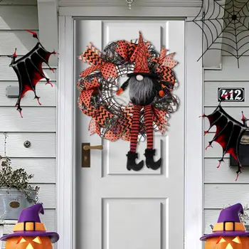Праздничный с гирляндой на Хэллоуин, венком на Хэллоуин, длинноногой куклой-гномом, украшением для входной двери в помещении на Хэллоуин
