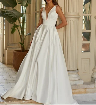 Простые длинные атласные свадебные платья с V-образным вырезом и карманами, А-силуэт, плиссированный корсет на спине, свадебное платье De Mariée для женщин
