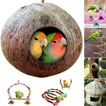 Птичьи Клетки из натуральной скорлупы кокоса, Домик для попугаев, Гнездовье для птиц, Клетка с подвесным шнурком Для маленьких домашних попугаев, зябликов, Воробьев