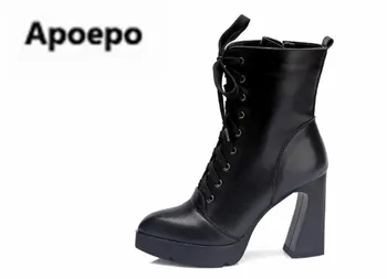 Распродажа черно-белых кожаных ботильонов для женщин, мотоботы с перекрестной шнуровкой, женские ботинки на высоком каблуке на шнуровке, 2022, обувь для верховой езды