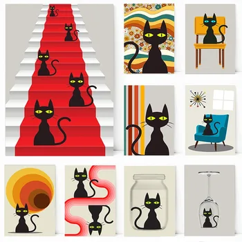 Ретро Черный кот в мебели для дома, печать плакатов, Декоративная картина на холсте, гостиная, ванная комната, спальня, настенное искусство, домашний декор