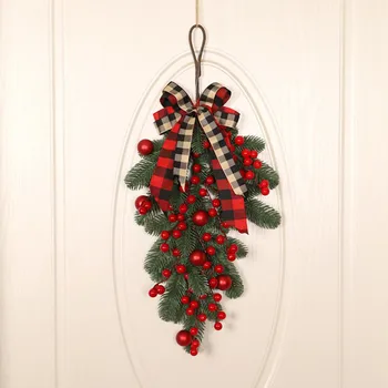 Рождественский венок из красных ягод, сосновая ветка, венок из искусственной снежной сосны, венки для входной двери, Настенная гирлянда для рождественского новогоднего украшения