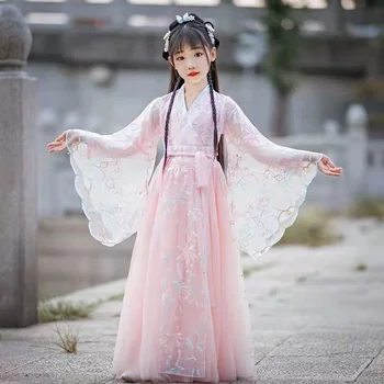 Розовые кружевные рукава, Летнее детское винтажное платье Hanfu для девочек, Китайский Традиционный народный танцевальный костюм, Древний наряд, косплей
