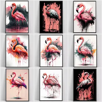 Розовый Фламинго Абстрактные плакаты и принты Граффити Красочные художественные Животные Холст Настенная живопись Картина для гостиной домашнего декора