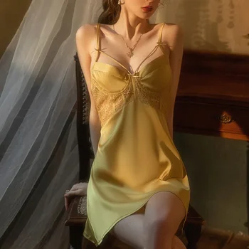 Романтическая домашняя юбка на подтяжках из ледяного шелка, женское сексуальное платье, домашняя одежда для сна, шелковистая атласная маленькая грудь, большая ночная рубашка