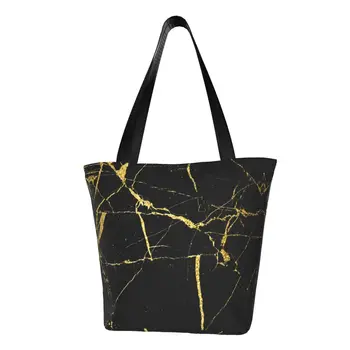 Роскошная черно-золотая сумка для покупок с мраморной текстурой, абстрактный узор, современная геометрическая графическая холщовая сумка для покупок на плечо