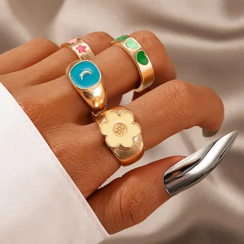 Роскошное Золотое кольцо с цветочной звездой, Эмаль, Толстый размер кольца, красочные весенние ювелирные украшения, кольца с сердцем и Луной в подарок женщинам