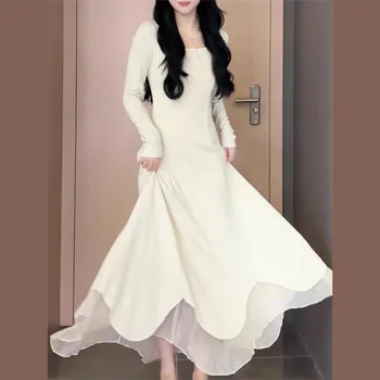 Сандро Риверс (Sandro Rivers) 2023, Осеннее белое трикотажное платье с длинными рукавами, женское осенне-зимнее базовое платье с рыбьим хвостом во французском стиле, темпераментное платье