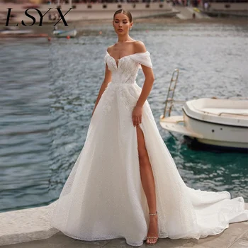 Свадебное платье LSYX с блестящими тюлевыми аппликациями и открытыми плечами, Трапециевидное свадебное платье с V-образным вырезом, на шнуровке сзади, с высоким разрезом по бокам, со шлейфом, свадебное платье в стиле кортеж