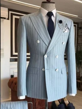 Светло-голубой Двубортный мужской костюм в полоску, пиджак, Блейзер, Брюки, мужские комплекты, Свадебная одежда, Костюм Homme, 2 шт., куртка и брюки