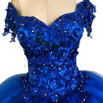 Синее Тюлевое платье с V-образным вырезом 15 Пышных Платьев, Расшитое Бисером, Кристаллы, Кружевная аппликация, Vestidos Para 15 Пышных Платьев