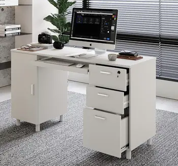 Современный дизайн от Crafts & comfort Venice Компьютерный стол - Офисный стол с 3 ящиками и шкафом для хранения процессора - Рабочее место для ноутбука