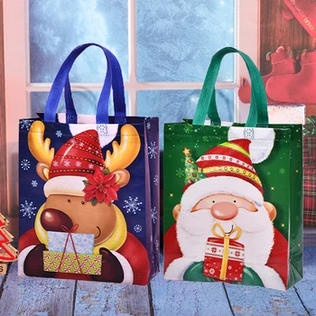 Сумки-тоут Санта-Лось, сумки-тоут со снежинками, утолщенные нетканые водонепроницаемые сумки с принтом, сумки для рождественских подарков, рождественские украшения