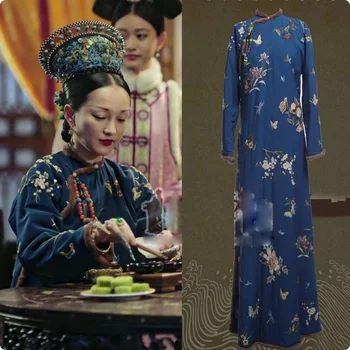 Темно-синий костюм императрицы династии Цин с полной вышивкой Hanfu и шляпой для телевизионного спектакля 