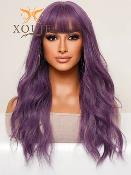Термостойкий синтетический парик XOUJE, женские длинные волнистые вьющиеся волосы, фиолетовый парик с челкой, повседневная одежда, модный парик, парик для вечеринок, косплей