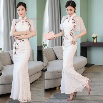 традиционное китайское винтажное платье ципао 2024 года, vestidso, улучшенное кружевное платье с национальной цветочной вышивкой чонсам, вечернее платье