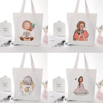 Холщовая сумка для покупок с принтом Kawaii Little Girl Harajuku Эстетичная Многоразовая сумка для покупок через плечо, сумки для студенческих книг
