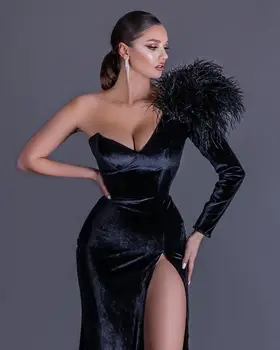 Черные бархатные вечерние платья Русалки 2022, Сексуальное платье для выпускного вечера с длинным рукавом на одно плечо и разрезом сбоку, вечерняя одежда Robe de Soiree