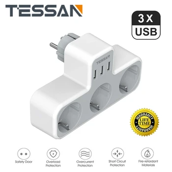 Шнур питания TESSAN Europe с 3 розетками переменного тока и 3 USB-портами, удлинитель для розетки ЕС, адаптер зарядного устройства-удлинителя