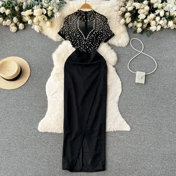 Элегантное женское черное вечернее платье с круглым вырезом и коротким рукавом, весенне-летние модные новые шикарные вечерние платья трапециевидной формы с разрезом