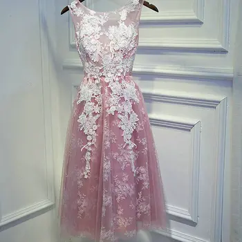 Элегантное ярко-розовое Короткое платье для выпускного вечера 2023 года с объемными тюлевыми кружевными аппликациями Длиной до колен трапециевидной формы, Дешевое Женское вечернее платье