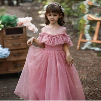 Элегантные розовые платья принцессы в цветочек для девочек на свадьбу с круглым вырезом Длиной до пола, тюлевое платье без рукавов, расшитое бисером, подарок на день рождения