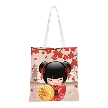 Японская красная кукла Сакура Кокеши, сумки для покупок в продуктовых магазинах, холщовая сумка-тоут, милая девчачья сумочка в виде вишни