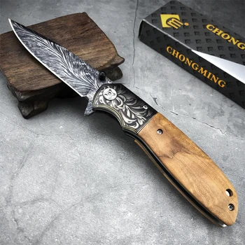 Складной нож с черным титановым лезвием с рисунком из перьев, деревянная ручка, карманный нож повышенной твердости, походный нож - CM77