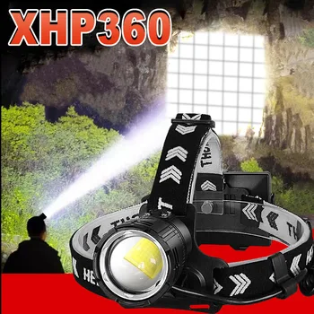 Супер XHP360 светодиодный налобный фонарь, перезаряжаемый через USB, мощный налобный фонарь высокой мощности, водонепроницаемый налобный фонарь для кемпинга, рыбалки